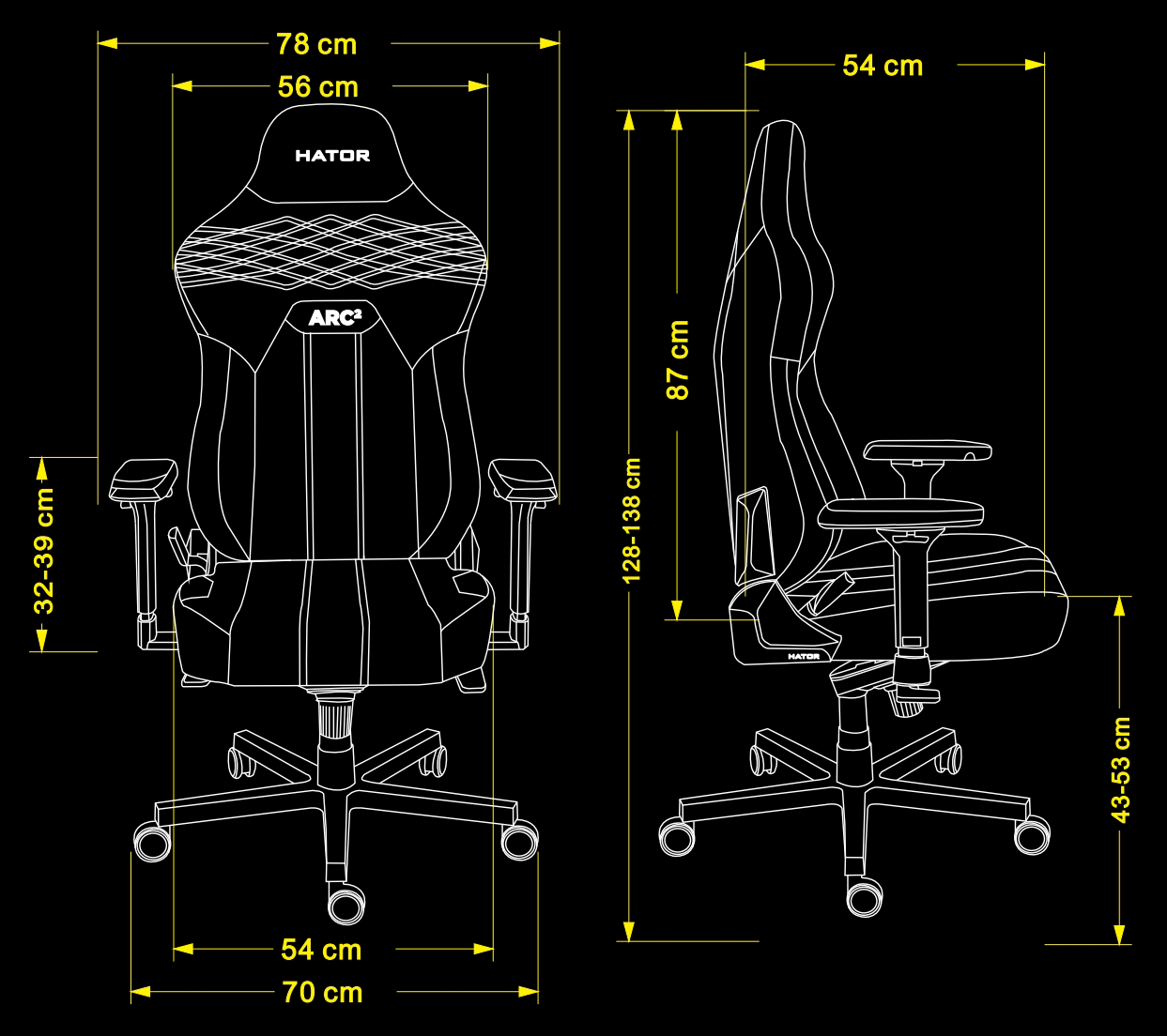 Abmessungen des HATOR Arc 2 XL Fabric