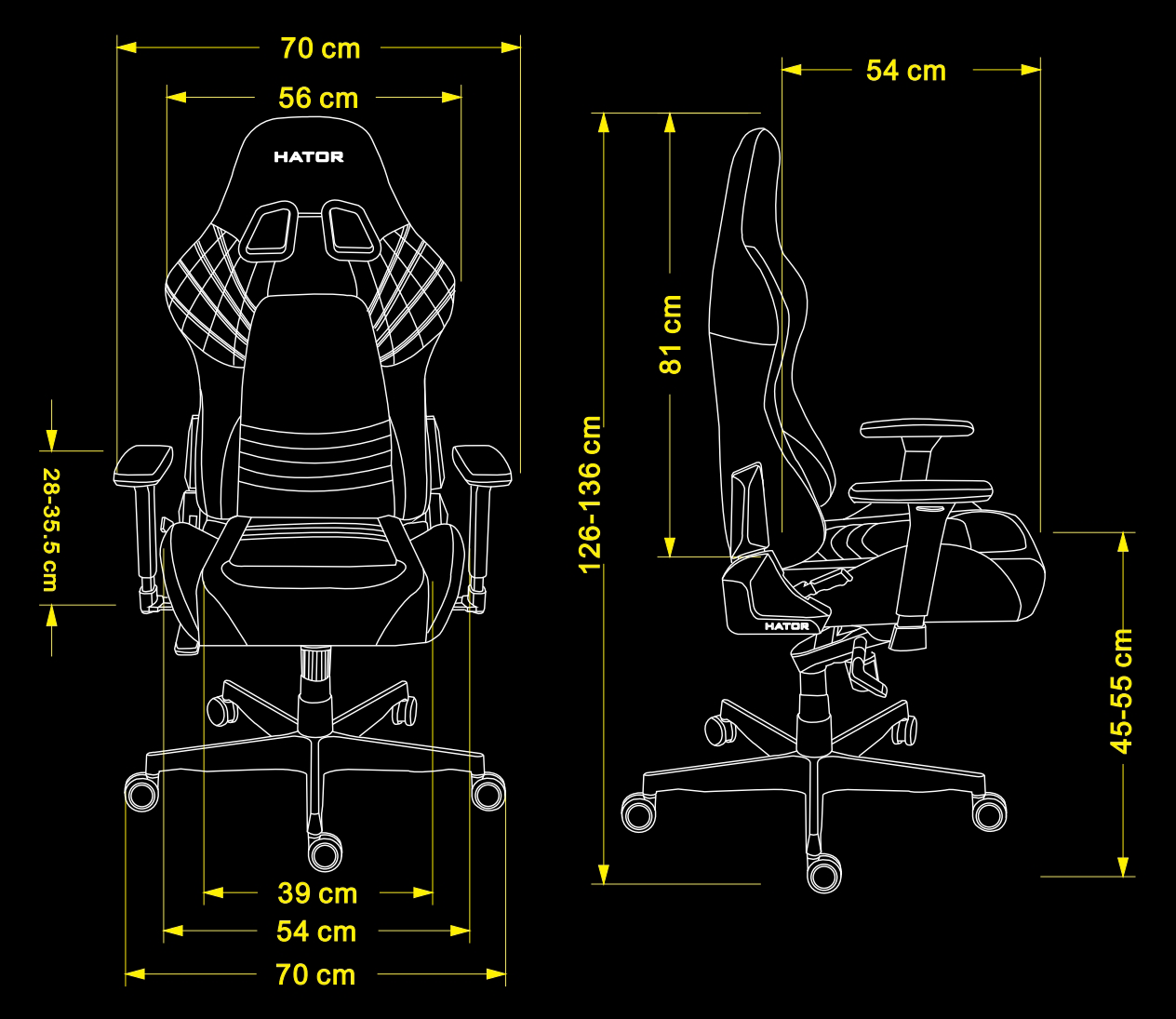 Abmessungen des HATOR Darkside 2 Pro Fabric